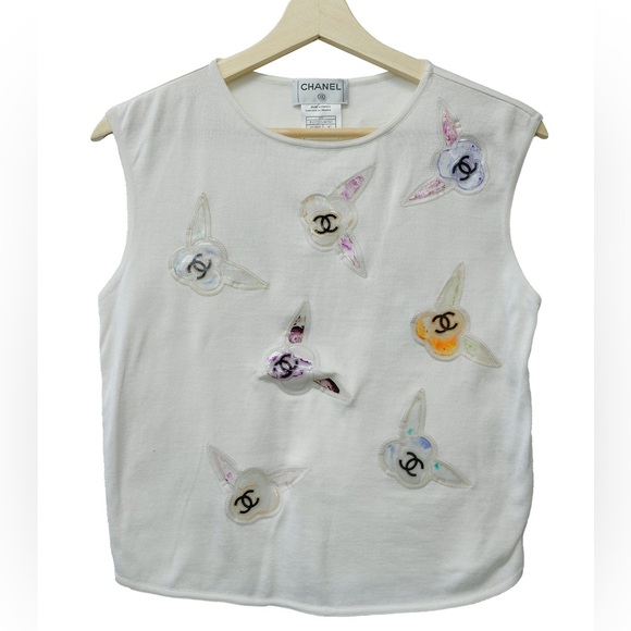 CHANEL Multicolor Camelia Flower Top  White Cotton Shirt 42 6 8 Small Medium EUC - Picture 3 of 16